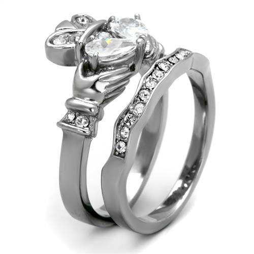 ETERNAL SPARKLES Women's Silver Claddagh Celtic Irish Fashion Comfort Statement Love Ring - CZ Ring Set