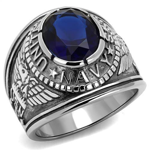 Men's Stainless Steel"United States Navy" Sapphire Ring - Silver