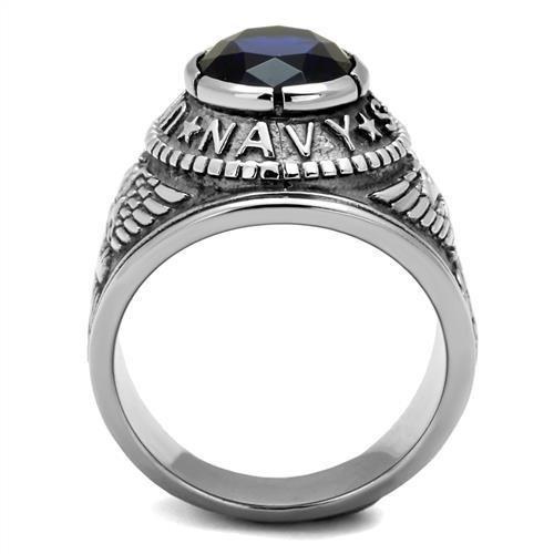 Men's Stainless Steel"United States Navy" Sapphire Ring - Silver