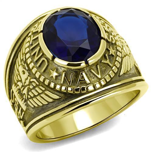 Men's Stainless Steel"United States Navy" Sapphire Ring - Gold